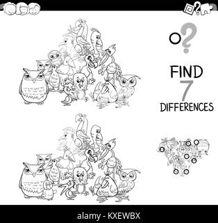 Illustration Cartoon noir et blanc de trouver sept différences entre images Activité éducative Game pour enfants avec des personnages animaux oiseaux Gro Illustration de Vecteur