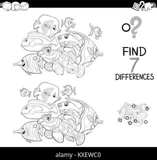 Illustration Cartoon noir et blanc de trouver sept différences entre images Activité éducative Game pour enfants avec des personnages animaux Poissons Grou Illustration de Vecteur