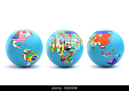 Le rendu 3D de trois continents et de globes avec leur pays avec des drapeaux nationaux superposées sur fond blanc Banque D'Images