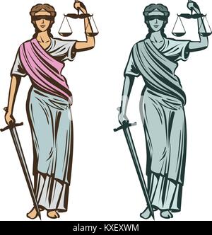 Symbole du pouvoir judiciaire. Dame justice avec bandeau, balance et l'épée à la main. Vector illustration Illustration de Vecteur