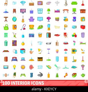 100 icônes de l'intérieur, de style cartoon Illustration de Vecteur