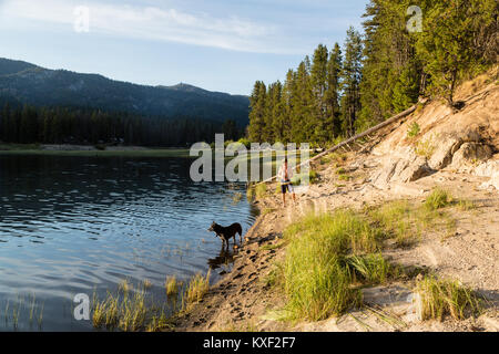 Un homme poissons de la rive du réservoir de bois mort dans la forêt nationale de Boise est alors que le regard du chien. Banque D'Images