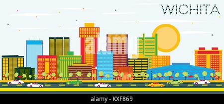 Wichita Kansas USA Ville avec des bâtiments de couleur et de ciel bleu. Vector Illustration. Les voyages d'affaires et tourisme Concept avec l'architecture moderne. Illustration de Vecteur