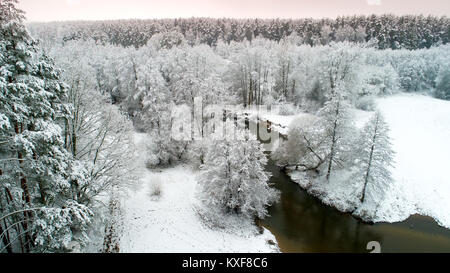 Superbe fond d'hiver. Vue aérienne de la forêt d'hiver blanc. Banque D'Images