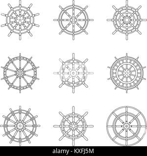 Ensemble de Ship Wheel icon collection. Fine ligne vectorielle Illustration de Vecteur