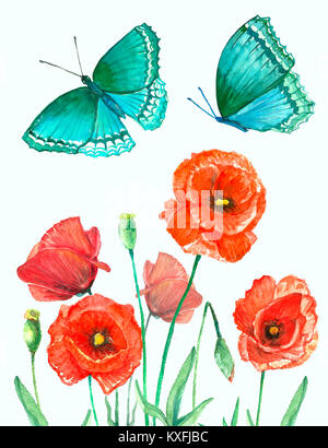 Watercolor collection of poppies. Set of red flowers. Isolated pattern on a white background. Handmade illustration. Banque D'Images