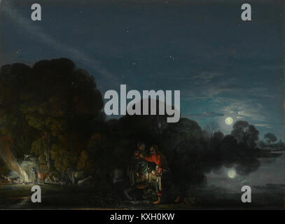 Une peinture d'Adam Elsheimer intitulée « la fuite en Égypte », conservée à l'Alte Pinakothek, représentant une scène biblique avec une attention particulière à la lumière et au paysage dans les Européens du début du XVIIe siècle Banque D'Images