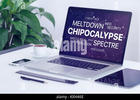 Concept Chipocalypse avec meltdown et spectre menace nuage de mots sur un écran d'ordinateur portable. Banque D'Images