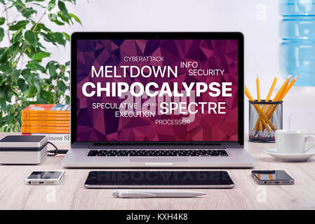 Concept Chipocalypse avec meltdown et spectre menace sur l'écran du portable de bureau. Banque D'Images