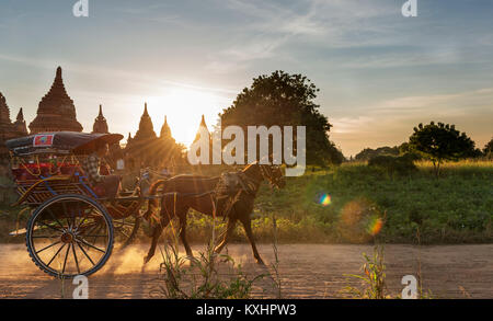 Horse-cart pass par pagodes au coucher du soleil à Bagan, Myanmar Banque D'Images