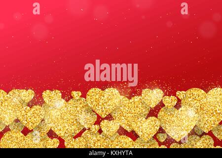 Happy Valentines Day carte postale avec des coeurs scintillants d'or sur fond rouge. Vector banner, flyer, modèle d'affiche. Illustration de Vecteur