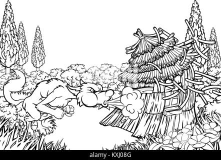 Big Bad Wolf Blowing down House trois petits cochons Illustration de Vecteur