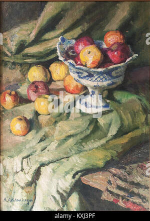 Cette peinture de nature morte, intitulée « Früchtestillleben », a été créée par August Achtenhagen en 1910. Il représente une collection de fruits dans un style détaillé et expressif, mettant en valeur les compétences artistiques d'Achtenhagen. Banque D'Images