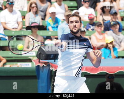 Melbourne, Australie - 10 janvier 2018 : tennis player Marin Cilic la préparation pour l'Open d'Australie au Tournoi exhibition Kooyong Classic Banque D'Images