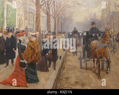 Détail du tableau de 1900 de Jean Béraud « après l’Office à l’Eglise de la Ste-Trinité », représentant des fidèles parisiens quittant l’Eglise de la Sainte Trinité, capturant la vie sociale et la mode de l’époque. Banque D'Images