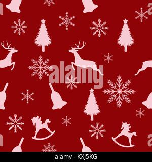 Modèle sans couture de Noël blanc, lignes d'arbre de Noël, Noël, cerfs, Bell et cheval à bascule flocons sur fond rouge. Vector illustratio Illustration de Vecteur