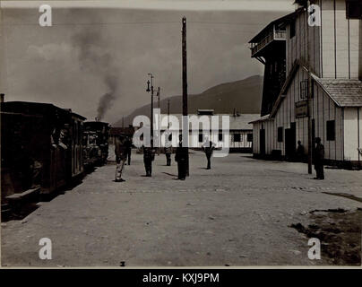 Photographie représentant l'arrivée d'un train médical, montrant des wagons de chemin de fer et du personnel équipé pour le soutien médical et le transport des patients. Banque D'Images