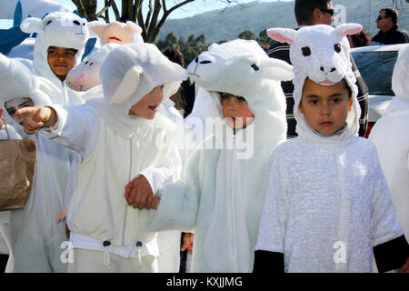 Monchique, Algarve, Portugal.Vers février 2014.Enfants d'école vêtus de costumes pendant le Carnaval dans les rues de la ville de montagne Monchique Banque D'Images