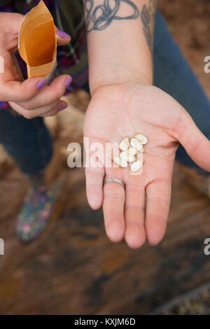 Portrait of woman holding watermelon les graines dans la paume de la main Banque D'Images