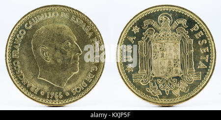 Ancienne pièce de 1 peseta espagnole, Francisco Franco. Inventé en cuivre. Année 1966, 1975 dans les étoiles. Banque D'Images