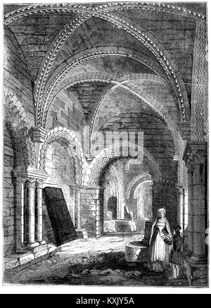 Dans le sous-sol sous le Donjon (construit par Henri II en 1168-1178) est la chapelle du donjon. La nef de la chapelle s'étend du nord au sud avec le choeur à angle droit par rapport à elle (pour que le choeur est alignée dans la construction chrétienne normale est à l'ouest) l'activation de la chapelle autel pour être placé contre le mur est. La chapelle est un bel exemple de l'architecture normande au début avec une côte-salle voûtée de trois travées, deux de forme oblongue, pour la nef et un troisième près de carré pour le chœur. Le Château de Newcastle, Newcastle upon Tyne, Angleterre. Banque D'Images