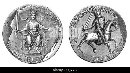 Le Grand Sceau de Richard I (1157 - 1199) était un sceau utilisé pour symboliser l'approbation du Souverain de l'état important de documents. Il était roi de France à partir du 6 juillet 1189 jusqu'à sa mort. La troisième des cinq fils du roi Henri II d'Angleterre et la duchesse Aliénor d'Aquitaine, il est également connu sous le nom de Richard Coeur de Lion ou de Richard cœur de lion à cause de sa réputation de grand chef militaire et guerrier. Banque D'Images