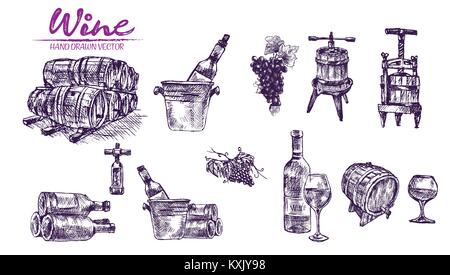 Vecteur de couleur numérique set bundle ligne détaillées art vintage purple tonneaux de vin en bois empilé à la main illustration set. Contour crayon artistique fine Illustration de Vecteur