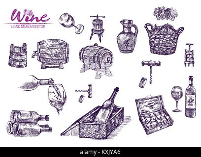 Vecteur de couleur numérique set bundle ligne détaillées art vintage purple tonneaux de vin en bois empilé à la main illustration set. Contour crayon artistique fine Illustration de Vecteur