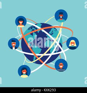 Réseau social connexion monde concept illustration. Équipe de diverses personnes en ligne faisant l'activité internet dans le monde entier. Vecteur EPS10. Illustration de Vecteur