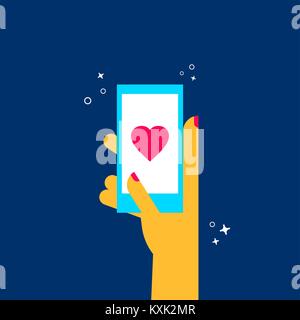 Woman holding phone avec message d'amour, online dating app concept illustration dans le style coloré de l'art plate. Vecteur EPS10. Illustration de Vecteur