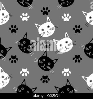 Seamless texture noir et blanc dessin animé pour les enfants des chefs des chats. Illustration de Vecteur