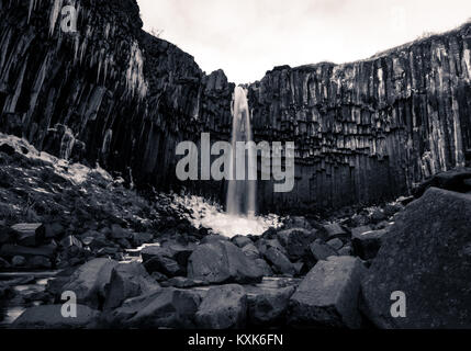 Cascade de Svartifoss en noir et blanc avec une longue exposition. Photographié dans le parc national du Vatnajökull en Islande Banque D'Images