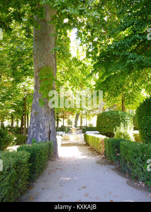 Le Jardín de la Isla fait partie du site royal d'Aranjuez à Madrid, en Espagne. Ce jardin du XVIe siècle présente des fontaines, des sculptures et des avenues paysagées dans un site classé au patrimoine mondial de l'UNESCO. Banque D'Images