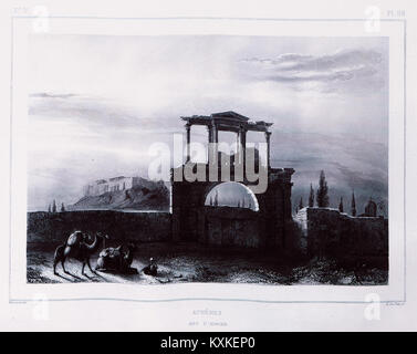 Illustration de l'Arc d'Hadrien à Athènes par Guillaume-Abel Blouet, créée en 1831, montrant les détails architecturaux du monument historique romain. Banque D'Images