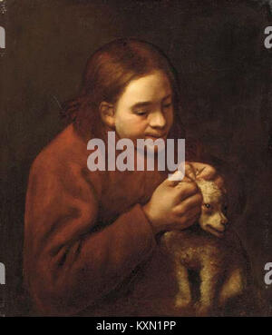 La peinture de Bernhard Keil représente un garçon qui délèche un chien, illustrant la vie quotidienne du XVIIe siècle et les pratiques de soin des animaux. Banque D'Images