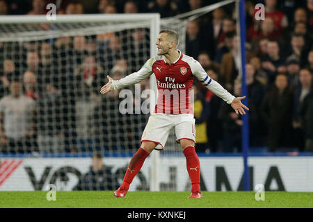 Londres, Royaume-Uni. 10 janvier, 2018. Jack Wilshere d'arsenal des cris de frustration au cours de la demi-finale de Coupe de Ligue de 1ère manche match entre Chelsea et Arsenal au stade de Stamford Bridge à Londres, Angleterre le 10 janvier 2018. Chelsea et Arsenal a attiré 0-0. Crédit : Tim Irlande/Xinhua/Alamy Live News Banque D'Images