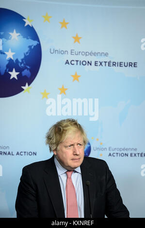 Bruxelles, Bxl, Belgique. Jan 11, 2018. Les ministres européens des affaires étrangères de Grande-Bretagne, Boris Johnson donne une conférence de presse après une rencontre avec le Ministre iranien des affaires étrangères Jawad Zarif au Service européen d'Action Extérieure (SEAE) siège à Bruxelles, Belgique le 11.01.2018 par Wiktor Dabkowski Wiktor Dabkowski/crédit : ZUMA Wire/Alamy Live News Banque D'Images