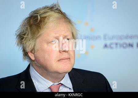 Bruxelles, Bxl, Belgique. Jan 11, 2018. Les ministres européens des affaires étrangères de Grande-Bretagne, Boris Johnson donne une conférence de presse après une rencontre avec le Ministre iranien des affaires étrangères Jawad Zarif au Service européen d'Action Extérieure (SEAE) siège à Bruxelles, Belgique le 11.01.2018 par Wiktor Dabkowski Wiktor Dabkowski/crédit : ZUMA Wire/Alamy Live News Banque D'Images