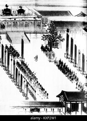 L'intronisation de l'empereur Hirohito, 124e empereur du Japon en 1926, représentant la cérémonie officielle, les régalia impériales, les fonctionnaires de la cour et les coutumes impériales japonaises traditionnelles. Banque D'Images