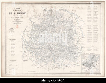 Cette carte de 1862 montre le département de l'Indre en France, illustrant les limites administratives, les caractéristiques géographiques et les établissements de la région. Banque D'Images