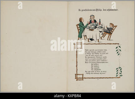 Illustration tirée de 'Een aardig Prentenboek met Leerzame Vertellingen', un livre néerlandais pour enfants du XIXe siècle contenant des histoires éducatives et des leçons de morale, utilisant des lithographies colorées à la main. Banque D'Images