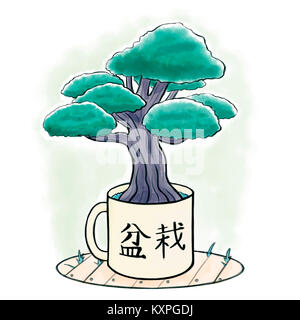 Illustration numérique d'un bonsaï arbre grandit en un mug. Banque D'Images