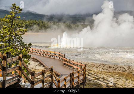 Mis en Geyser spasme tout un spectacle avec un mur de vapeur et d'éruptions volcaniques de hauteurs différentes avec beaucoup de gouttelettes d'eau. Chercher des 'visages' dans le bain à vapeur ! Banque D'Images