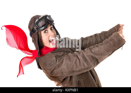 Funny Girl avec rousseur portant un casque, des lunettes et une écharpe rouge Banque D'Images