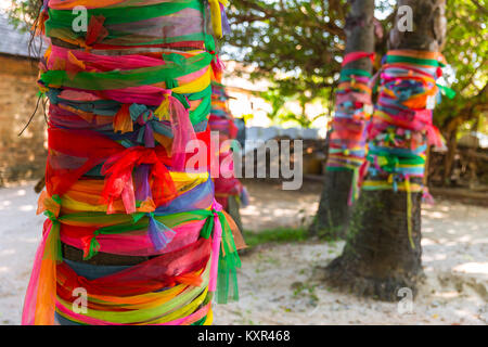 Chiffon couleurs enrouler autour de l'arbre ou du tissu 7 couleurs serviette enroulée plam tree chiffon multicolores attachés en temple pour la croyance du bouddha Thai worsh Banque D'Images