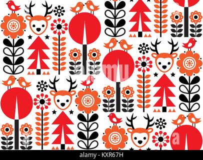 Inspiré finlandais folk art vectoriel continu - modèle scandinave, de style nordique avec des fleurs et des animaux Illustration de Vecteur