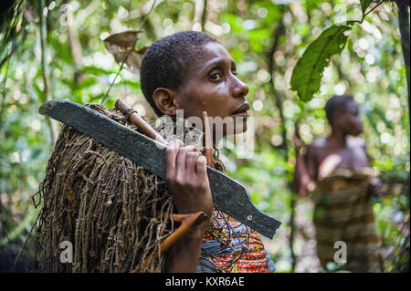 Les femmes de la tribu des Baka dans la forêt des plantes pour la phytothérapie. La réserve de la forêt de Dzanga-Sangha. Afrique du Sud Banque D'Images