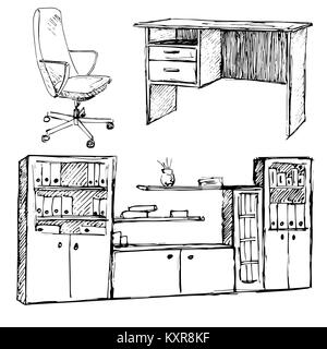 Ensemble de mobilier de bureau. Chaise, table, armoire isolé sur fond blanc. Vector illustration dans un style croquis. Illustration de Vecteur