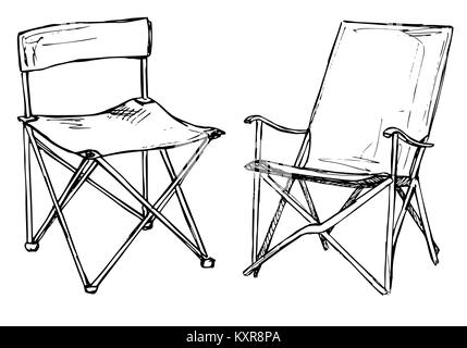 Deux chaises pliantes sur fond blanc l'isolement. Vector illustration dans un style croquis. Illustration de Vecteur