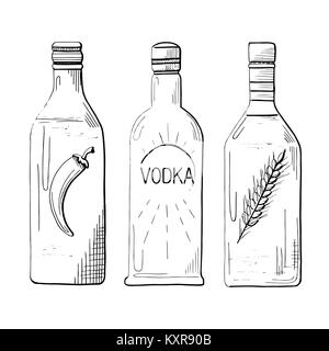 Sketch trois bouteilles de vodka. Le poivre, classique et le blé. Vector illustration. Illustration de Vecteur